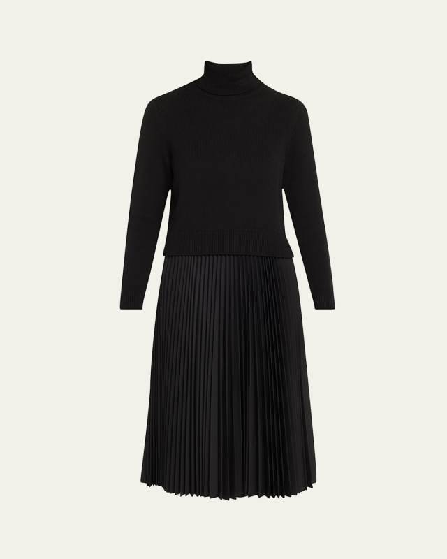 Turtleneck Wool Suiting Combo Midi Dress